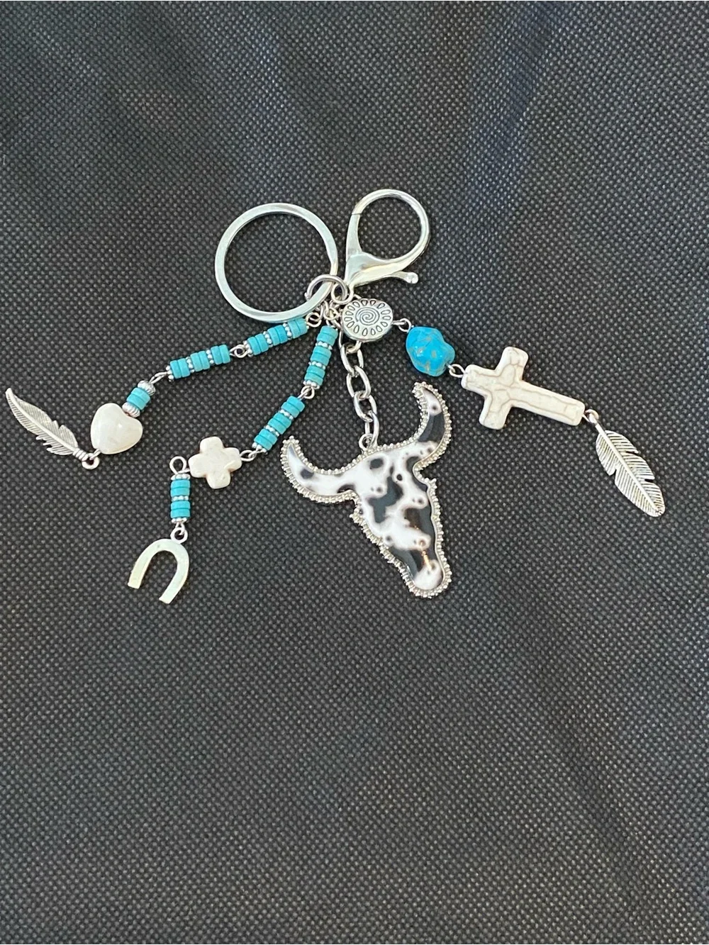 Turquoise Bead Western Bag Charm or Keychain with Longhorn & Cross